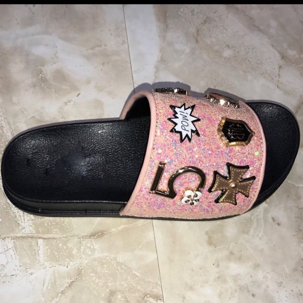 🔥🔥 PRETTY PINK GLITTER EMBELLISHED SLIDES 🔥🔥